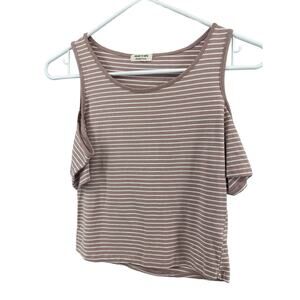 Heart & Hips Tan White Striped Short Sleeve Cold Shoulder Blouse